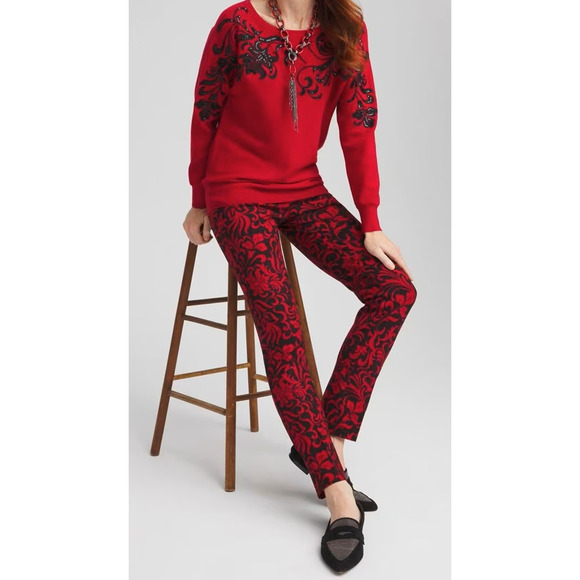 NWT Chico's Juliet Swirl Print Ankle Pants Red Black Holiday Themed Size 1 US 8 - Picture 11 of 12